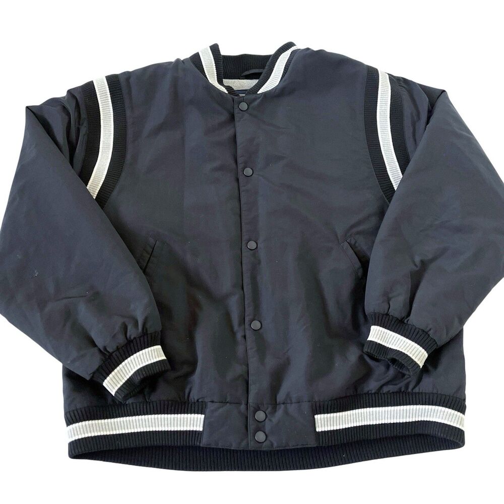 Vtg 80s 90s Lands End Bomber Jacket Polartec Lined Mens L Lrg Black Gray Striped